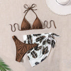 Women's brown bikini set with palm print sarong