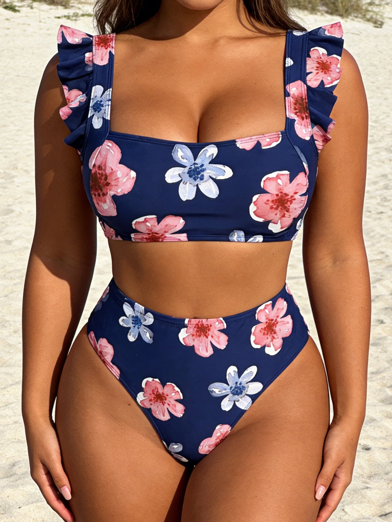 Women's Navy Floral Ruffle-Strap Bikini Set