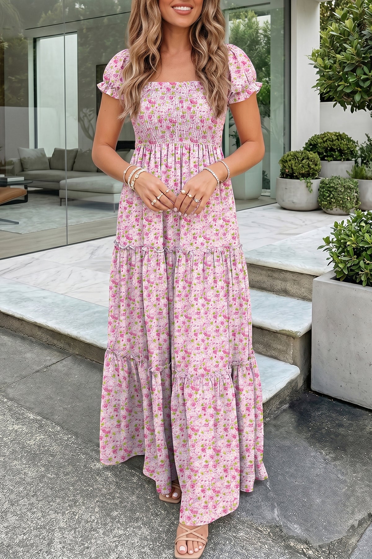 Pink Floral Puff-Sleeve Shirred Maxi Dress