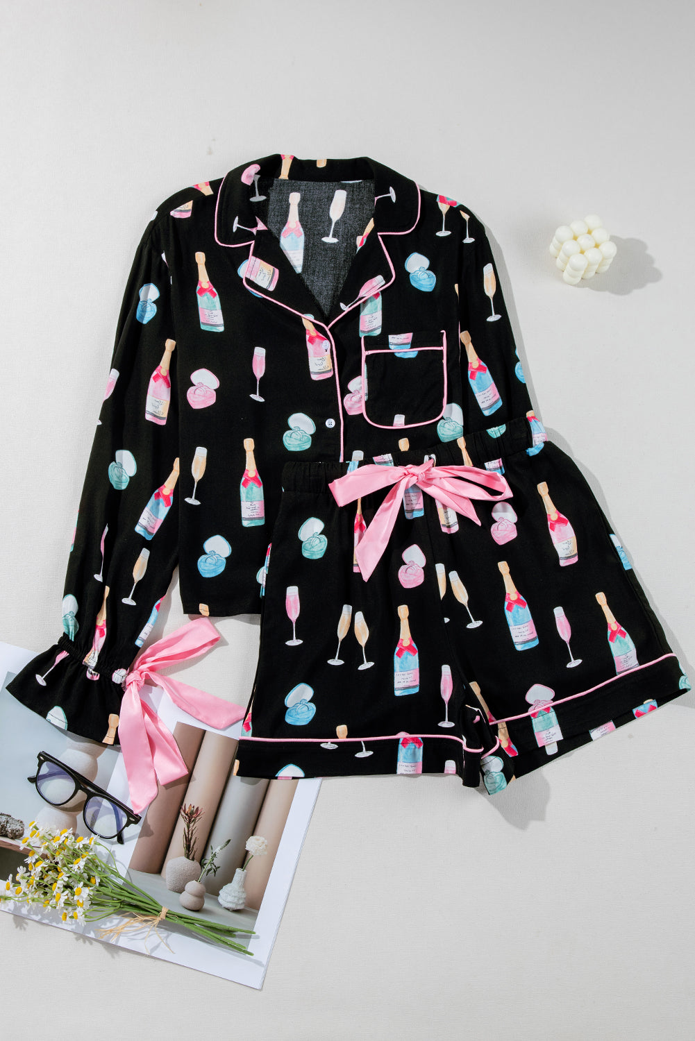 Black Christmas Wine-Glass Pajama Set