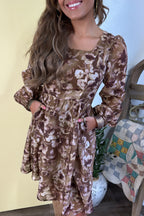 Women's Brown Abstract Floral Square-Neck Mini Dress