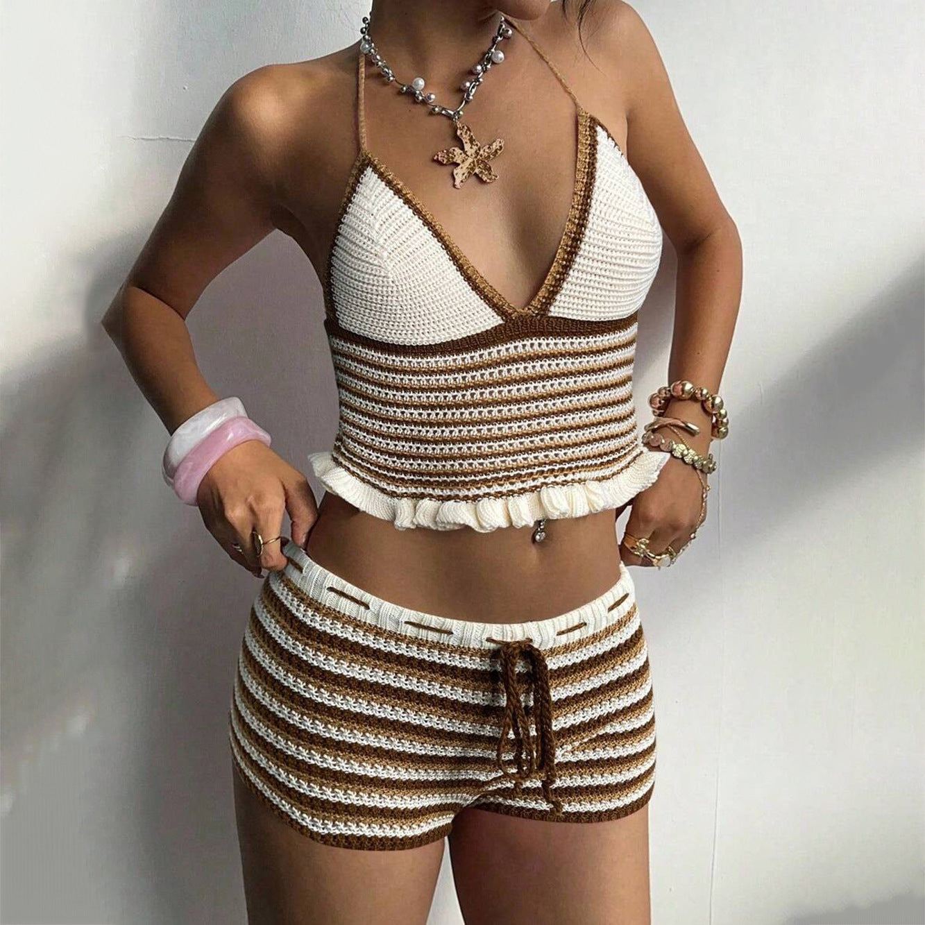 Women's brown crochet crop-top swimwear set with shorts
