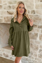 Black Corduroy Collared Button-Front Mini Dress