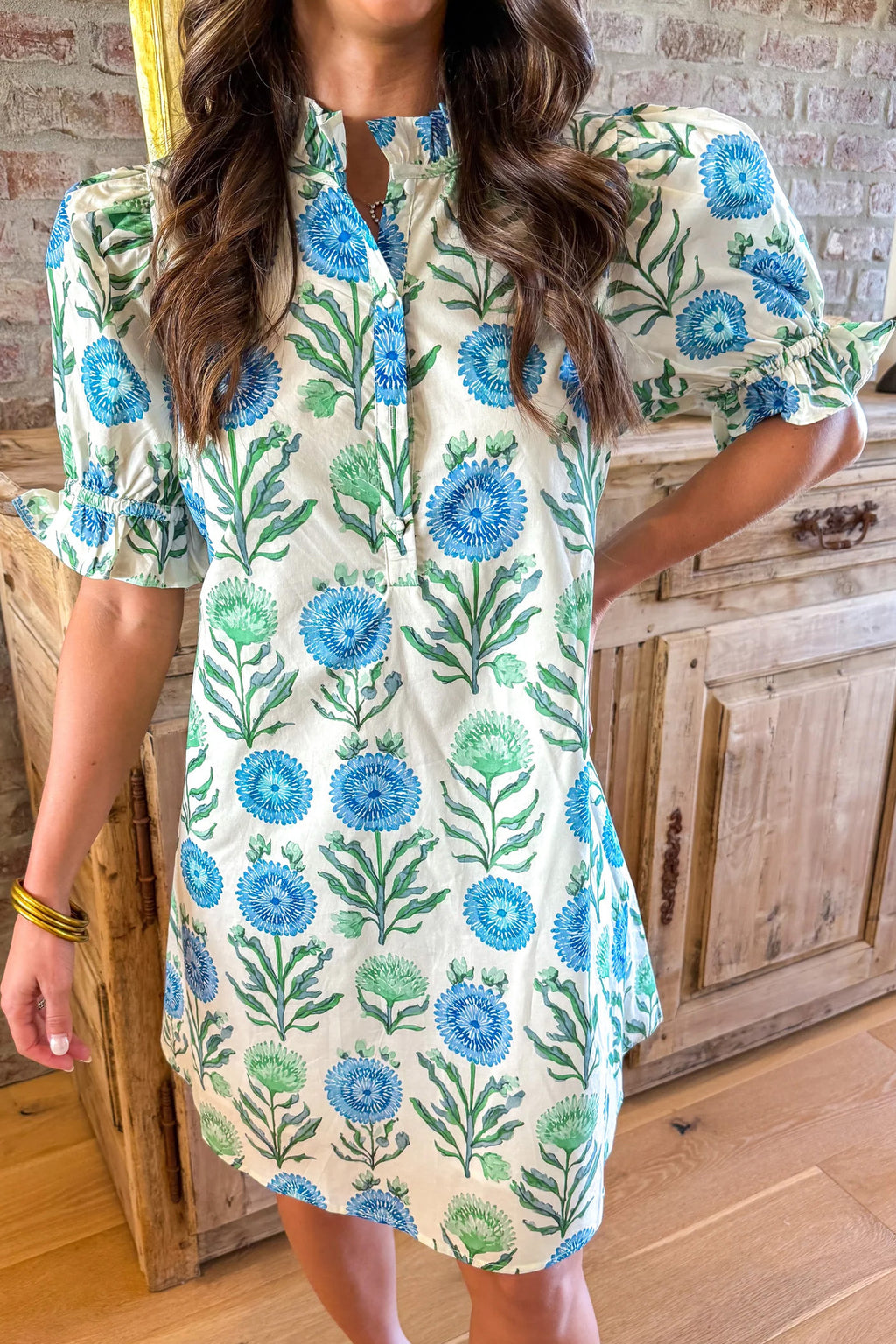 Sky Blue Floral Half-Button Short Dress