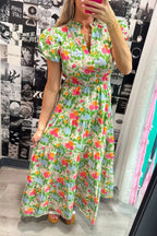 Green Floral Puff-Sleeve Cotton Maxi Dress