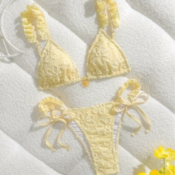 Women's pale yellow lace ruffle bikini set