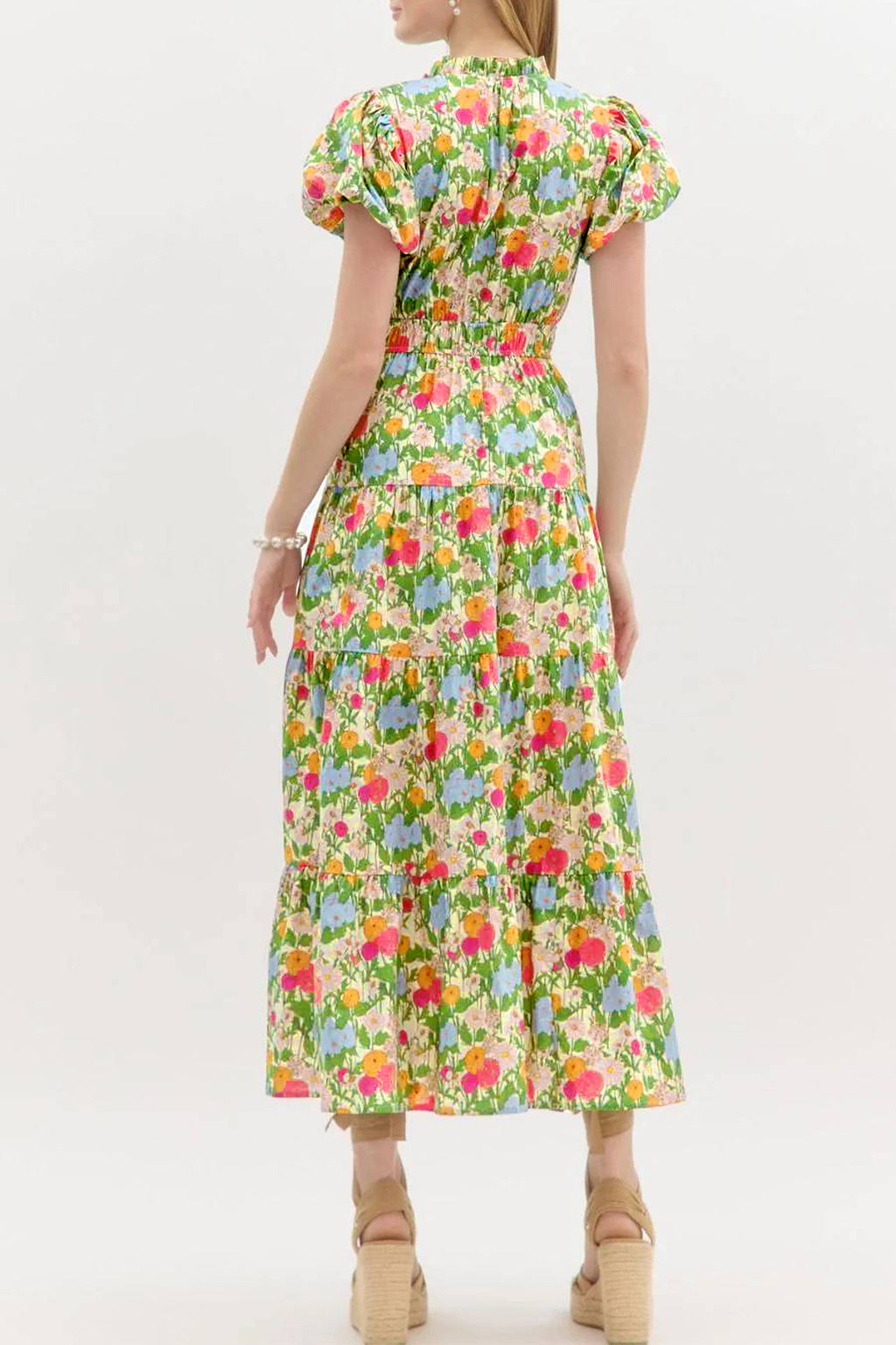 Green Floral Puff-Sleeve Cotton Maxi Dress