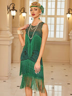 Women's sequin cocktail dress, sleeveless green with beaded V yoke and fringe tiers