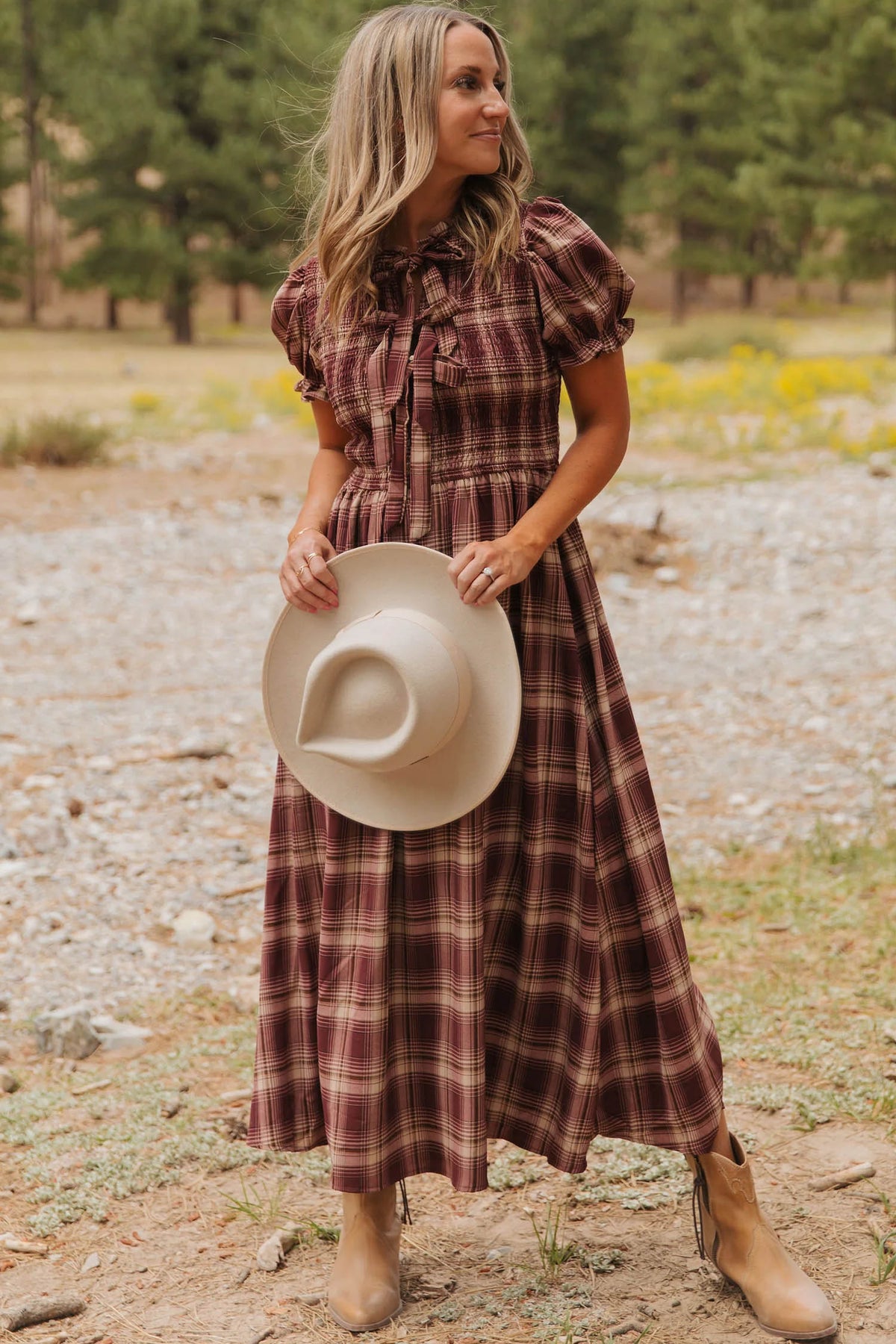 Red Vintage Plaid Knot-Front Midi Dress