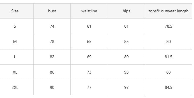Size chart with bust, waistline, hips, and top to outer length measurements