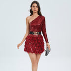 Red one-shoulder sequin mini dress with long sleeve, feather tulle skirt, and gold buckle belt