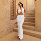 Halter mesh split-hem bodycon maxi dress