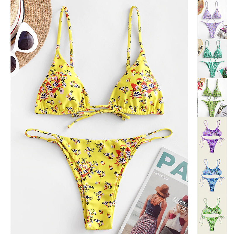 Women's yellow floral triangle bikini set