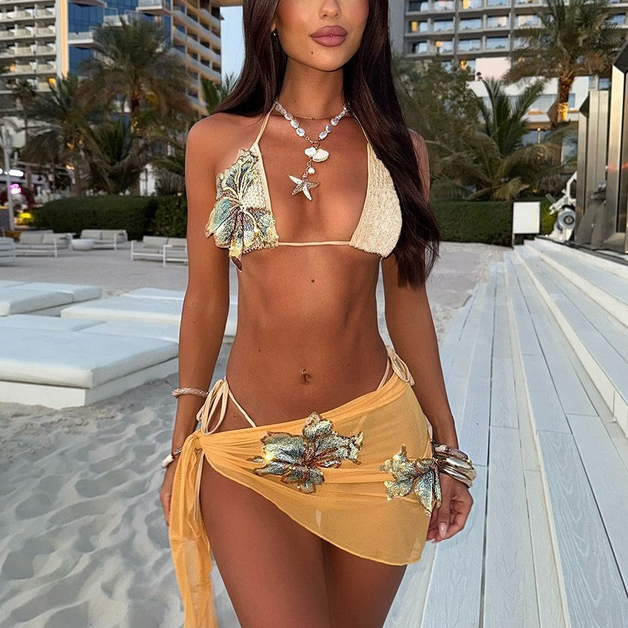 Women's beige embellished bikini set with sarong