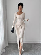 Women's ivory textured long-sleeve maxi dress