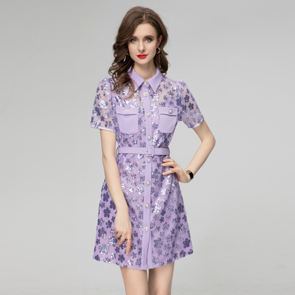 Light purple sequin short sleeve dress with point collar, button front, and belt