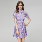 Light purple sequin short sleeve dress with point collar, button front, and belt