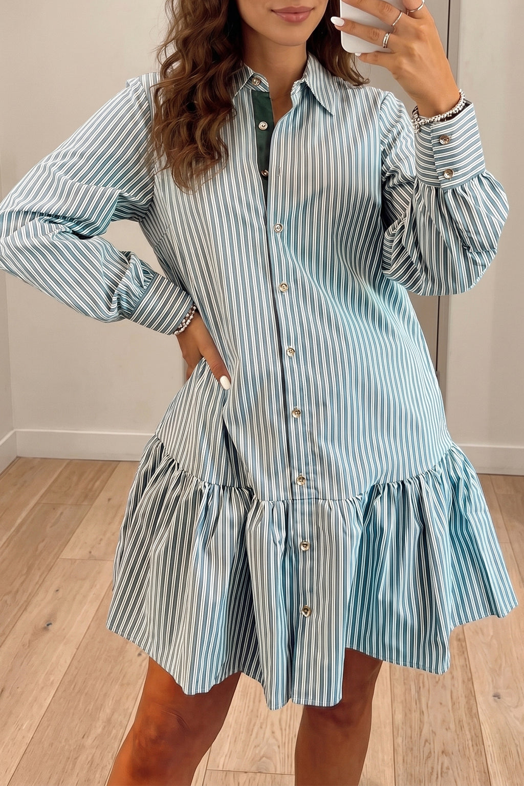 Green Stripe Long-Sleeve Shift Dress