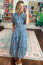 Blue Geometric Print Shirt-Collar Dress