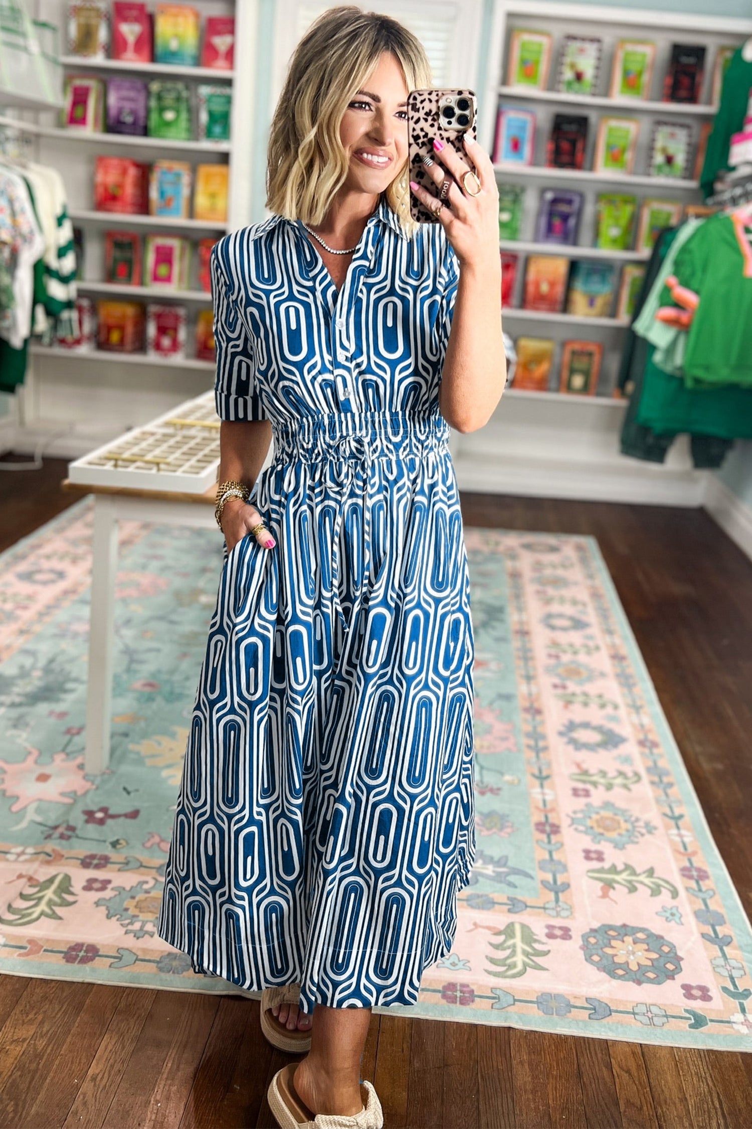 Blue Geometric Print Shirt-Collar Dress