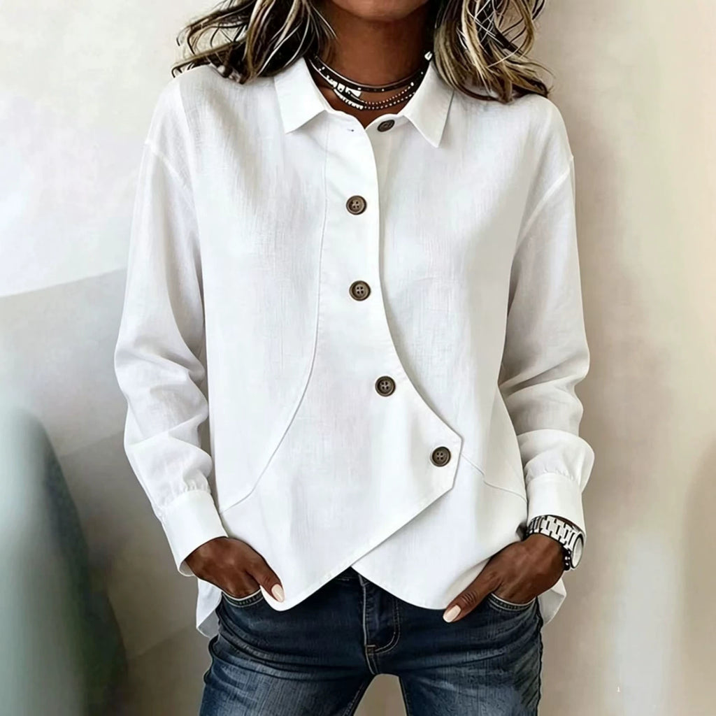 Women's white asymmetric button-front blouse