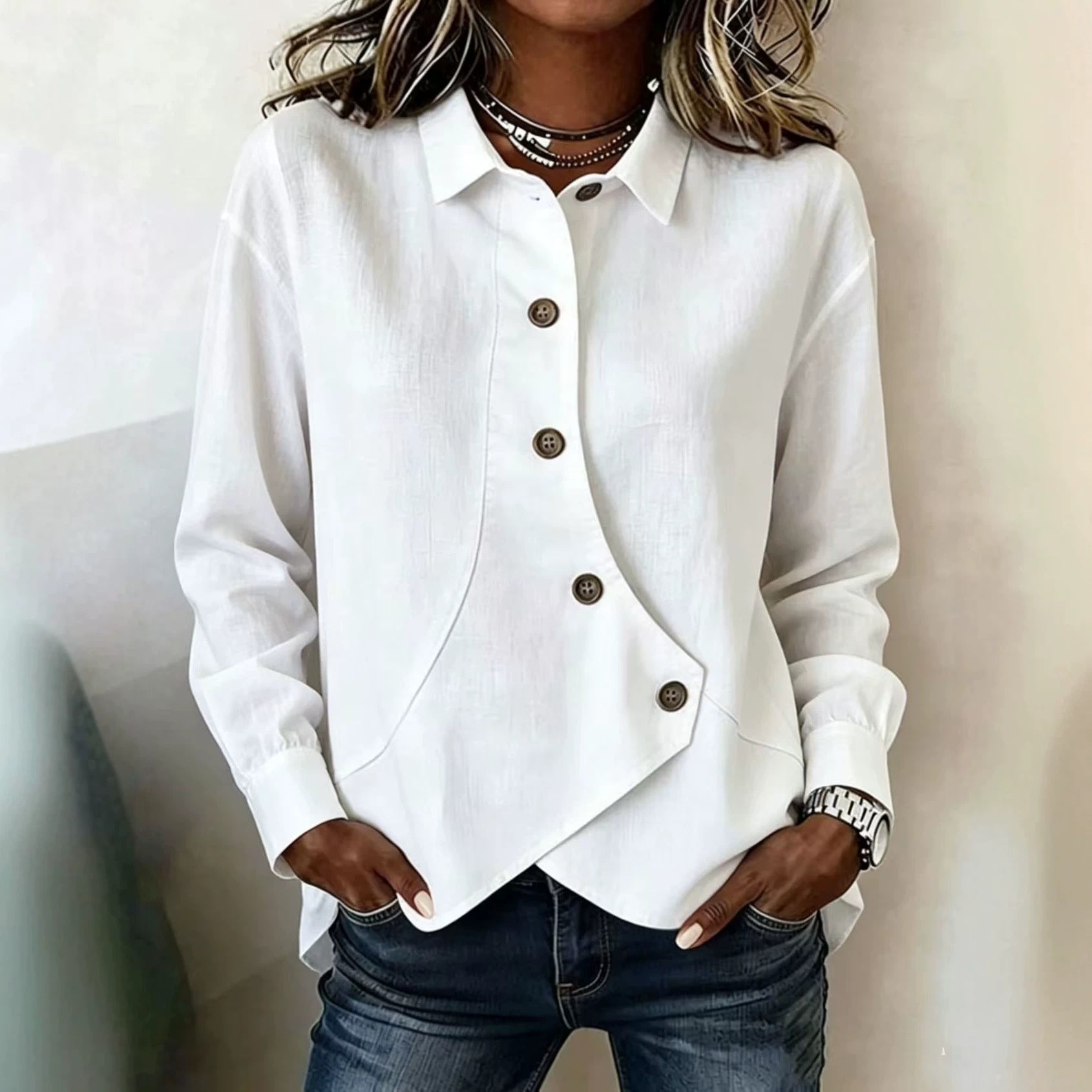 Women's white asymmetric button-front blouse