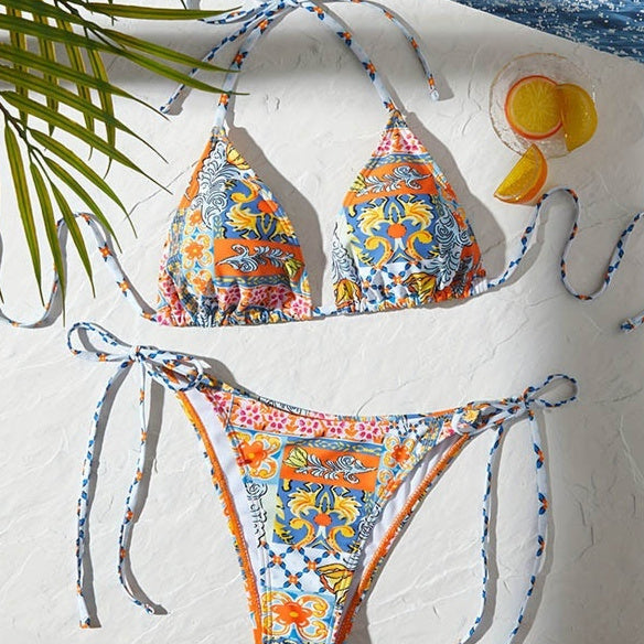 Women's orange blue ornate print triangle bikini set