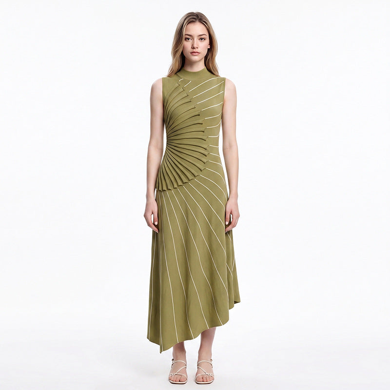 Women's olive pleated sleeveless midi dress