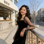 Women's black A-line dress, sheer dotted sleeves, fitted bodice, flared skirt