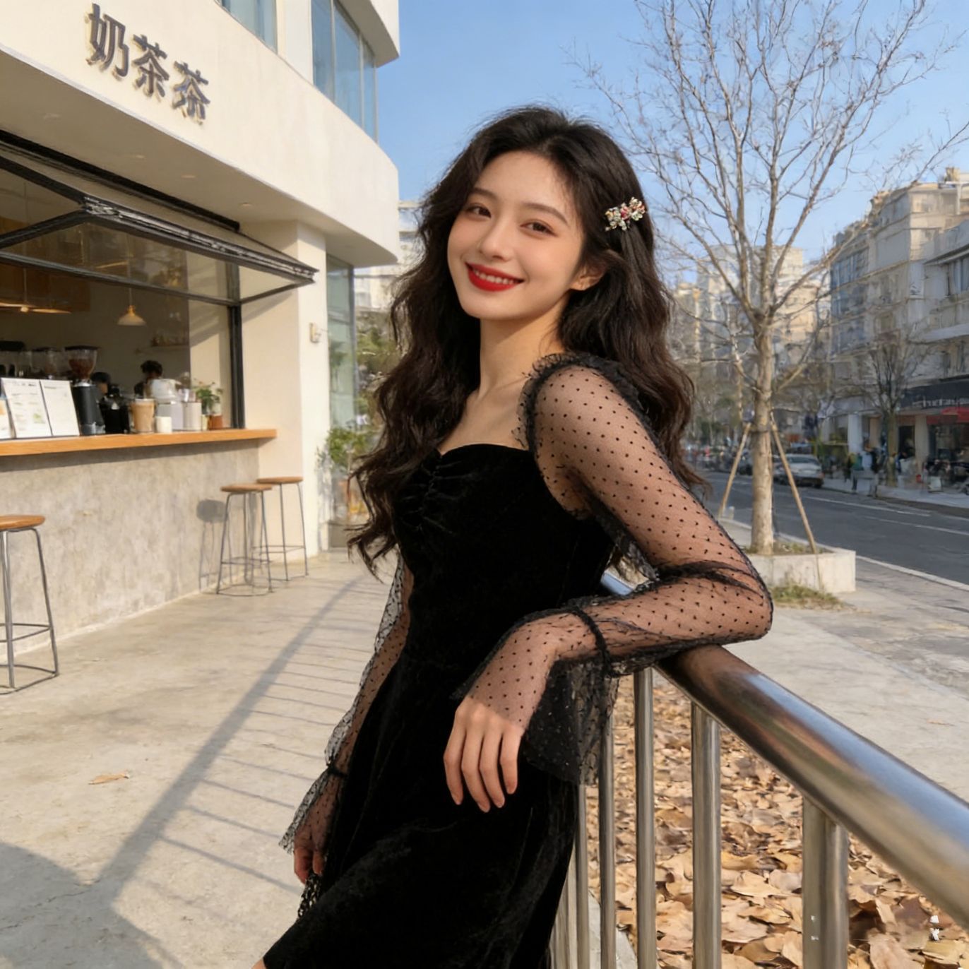 Women's black A-line dress, sheer dotted sleeves, fitted bodice, flared skirt
