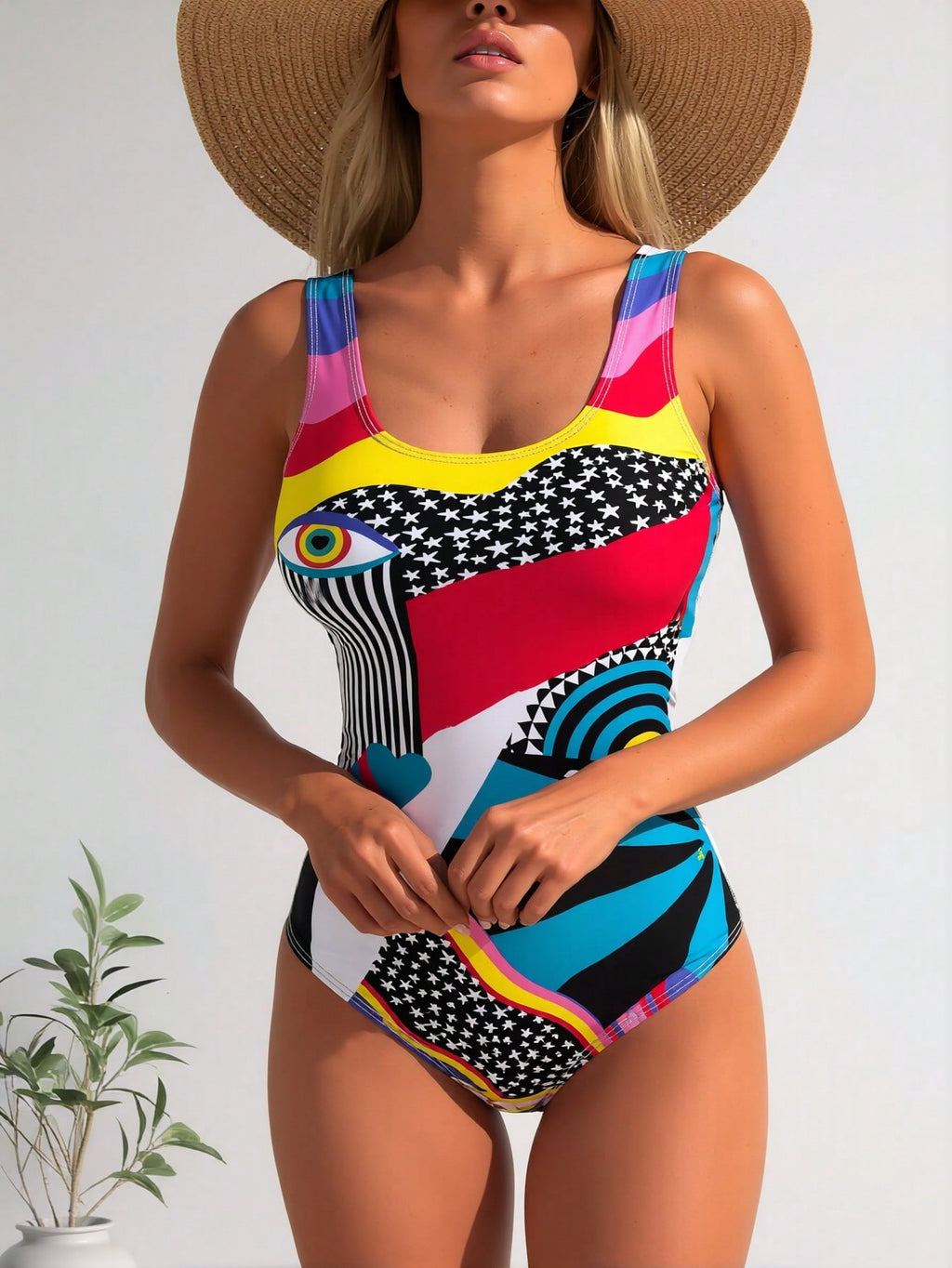 Multicolor abstract one-piece swimsuit with scoop neck and curved graphic panels