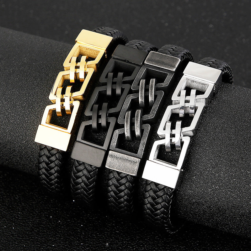 Men's magnetic-clasp leather stainless steel bracelet