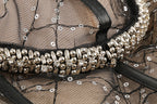 Black mesh bodice with silver sequin trim and beaded band detail
