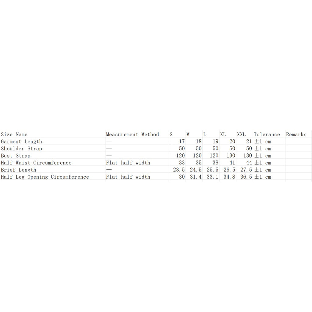 Bikini swimwear size chart with measurements for S to XXL
