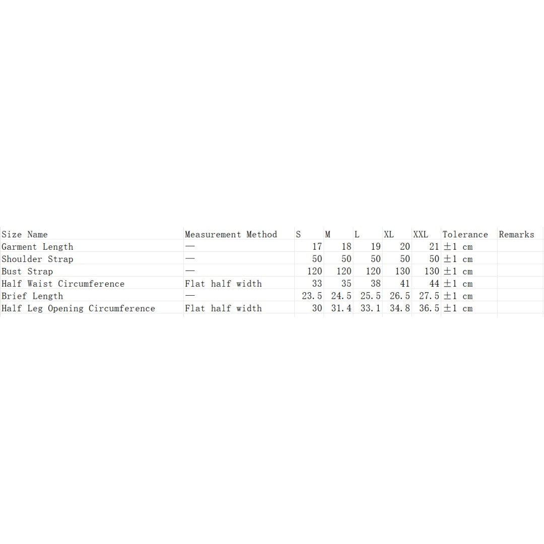 Bikini swimwear size chart with measurements for S to XXL