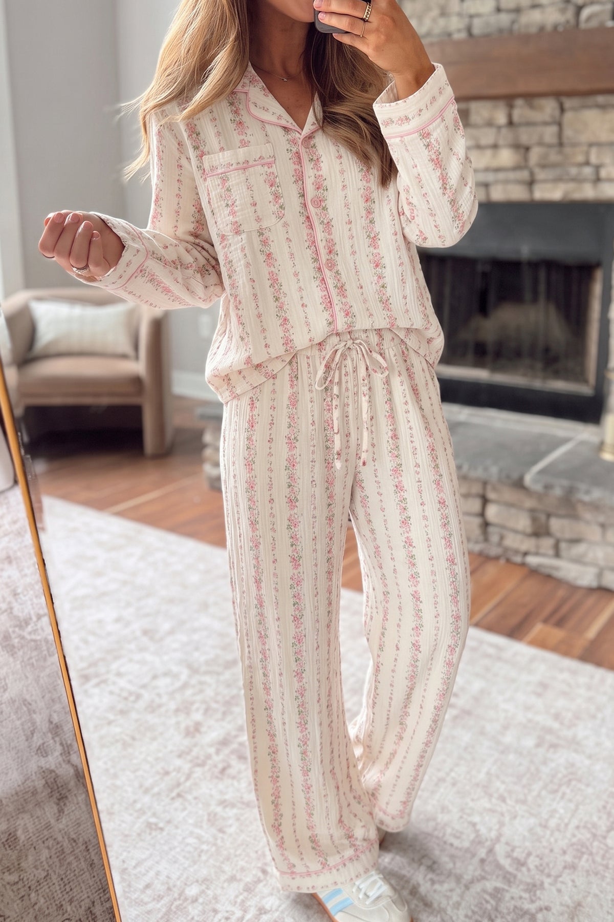 Pink Floral Button-Front Pajama Set