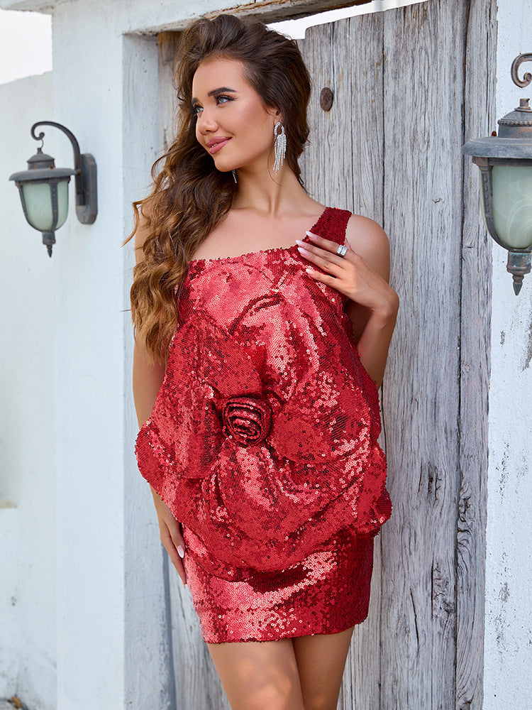 Red sequin sheath mini dress with rose applique detail and spaghetti straps