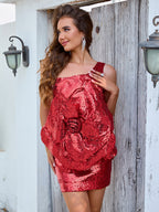 Red sequin sheath mini dress with rose applique detail and spaghetti straps