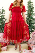 Fiery Red Tiered Tulle Puff-Sleeve Dress