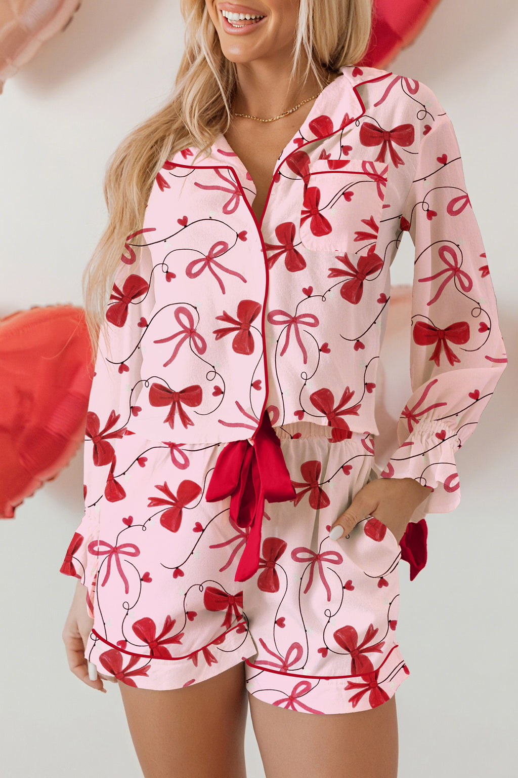 Red Bow-Print Valentine Pajama Set