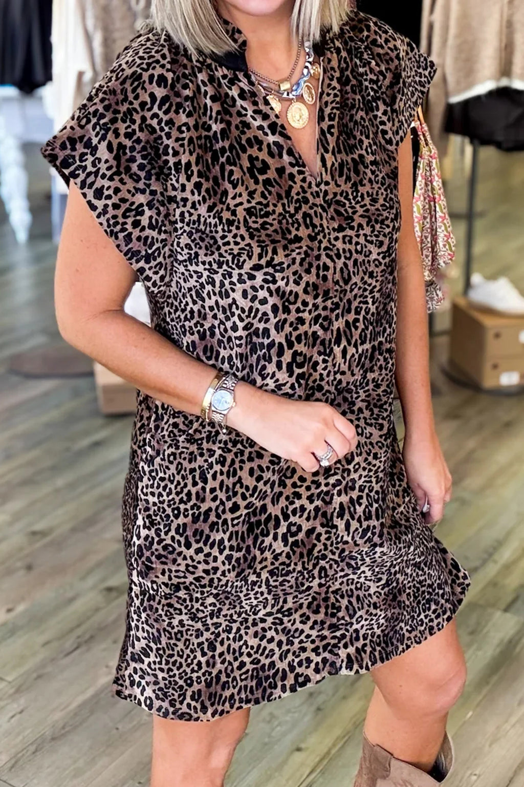 Women's Brown Leopard-Print Short-Sleeve Mini Dress