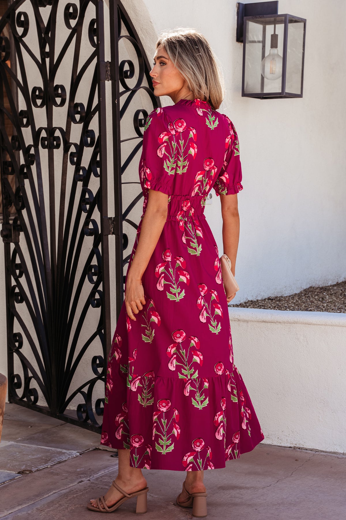 Red Floral Frilled V-Neck Ruffle Maxi Dress