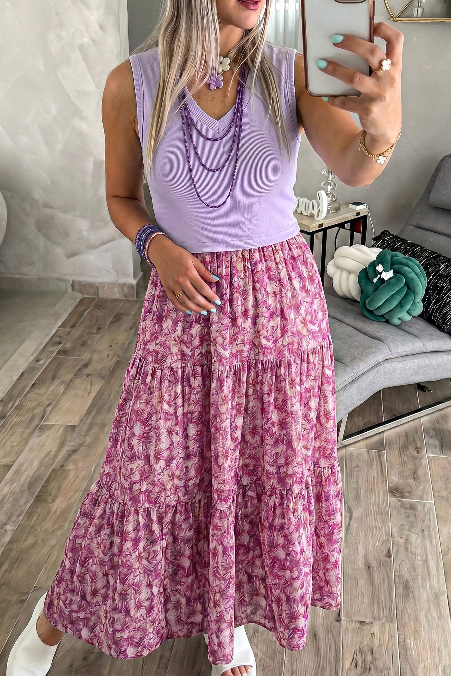 Purple Floral Contrast-Patchwork Maxi Dress