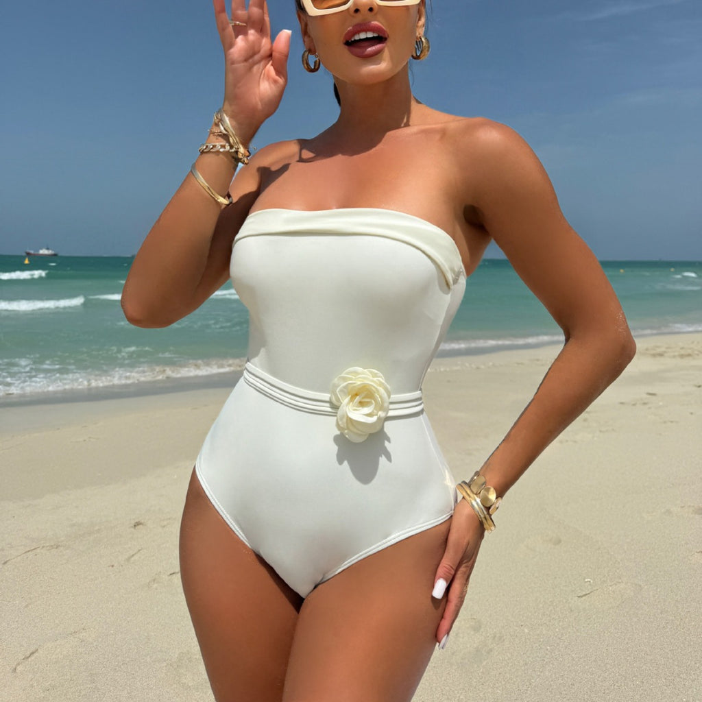 Women's ivory floral bandeau one-piece swimsuit