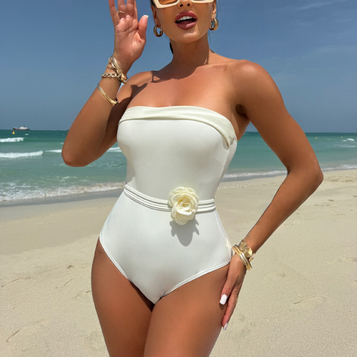 Women's ivory floral bandeau one-piece swimsuit