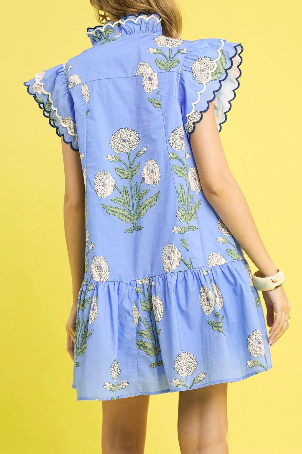 Sky Blue Floral Embroidered Drop-Waist Mini Dress