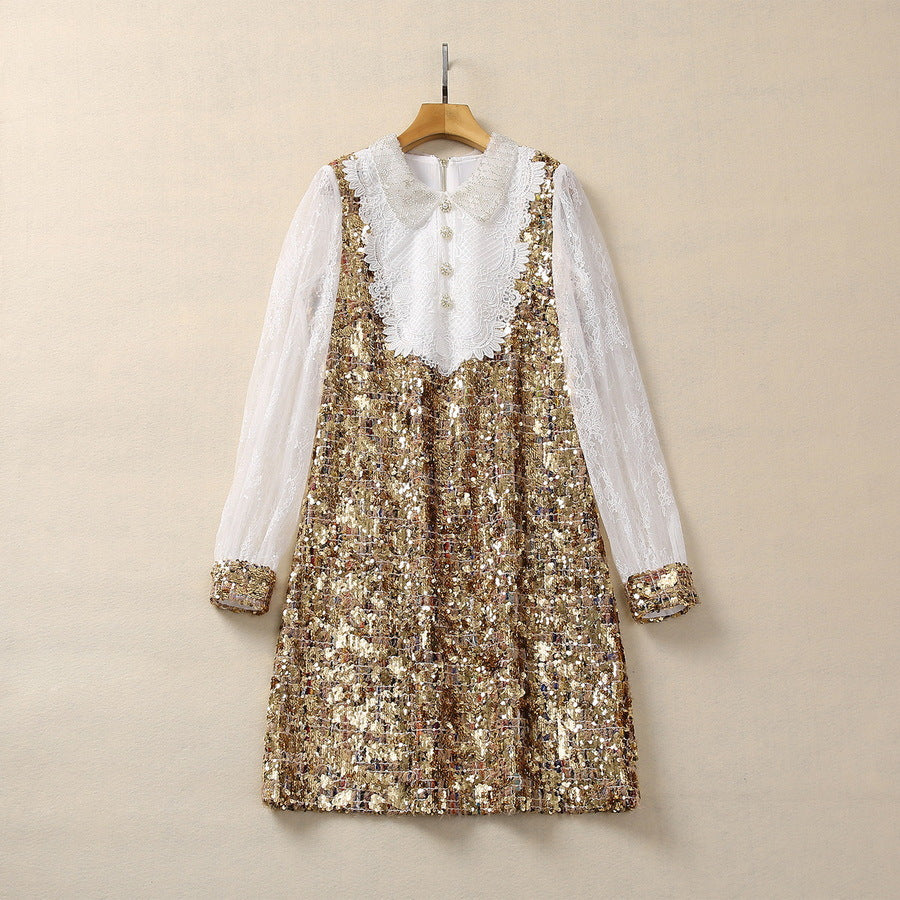 Gold sequin long-sleeve mini dress on hanger with sheer lace sleeves and button front