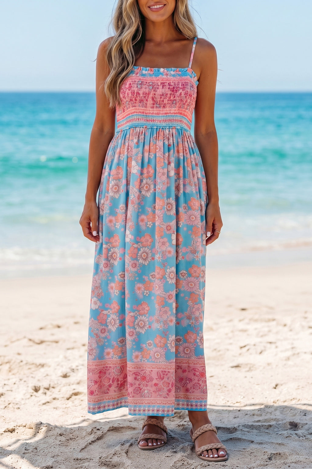 Sky Blue Boho Floral Vacation Maxi Dress
