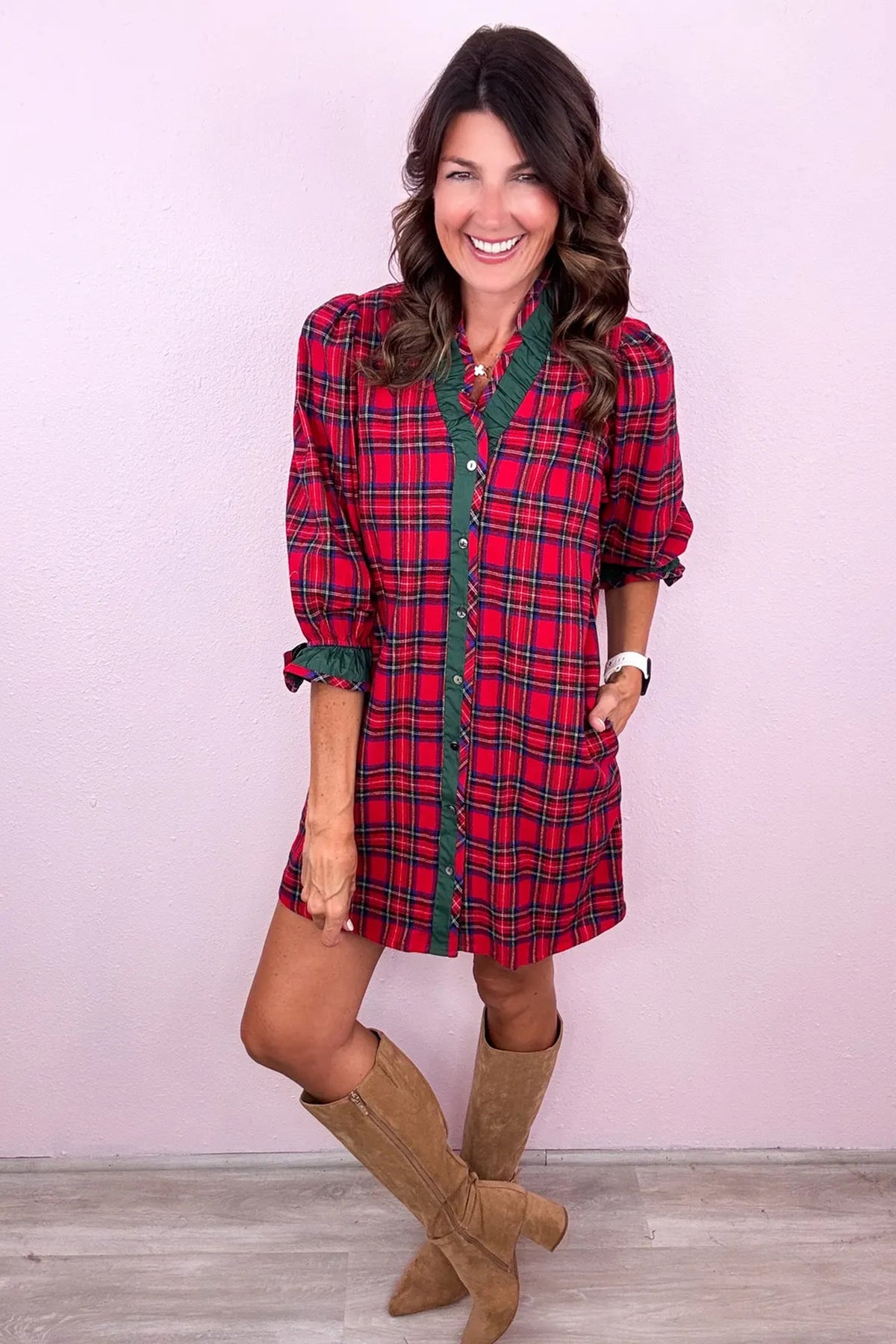 Red Plaid Ruffle-Cuff Button-Front Mini Dress