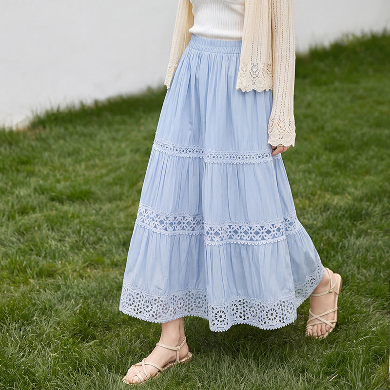 Lace-trim patchwork midi skirt